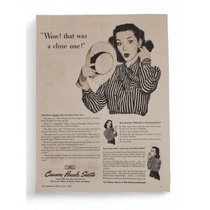 1944 Cannon Percale‎ "Wow! That was a Close One!" Surprised Woman Vtg Print Ad